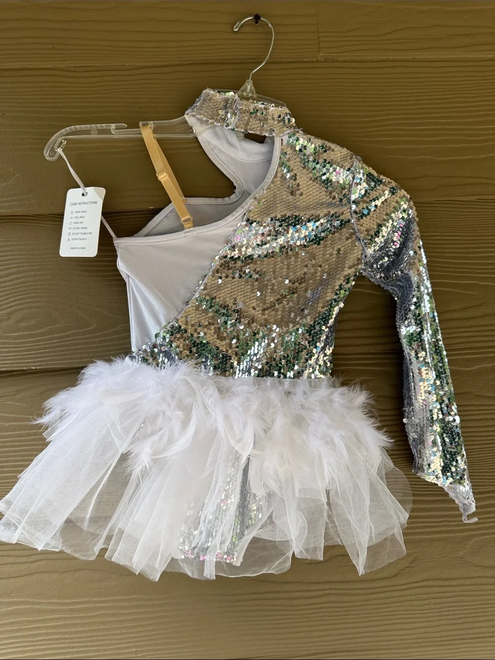 Chic Try Girls One-Shoulder Sequin White Tulle Feathers Dance Leotard Bodysuit 6
